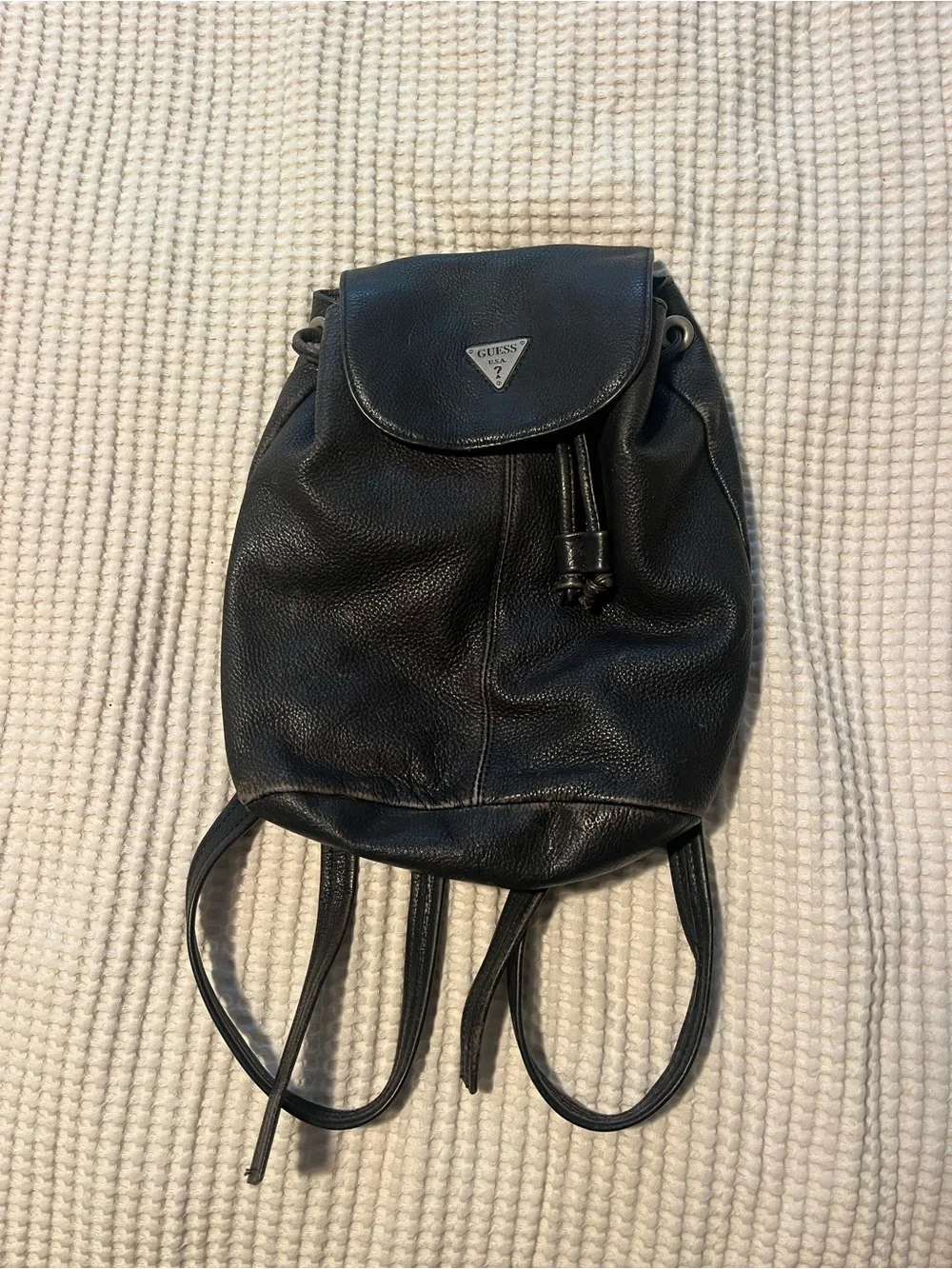Guess Vintage Black Leather Drawstring Mini Backpack with Triangle Logo